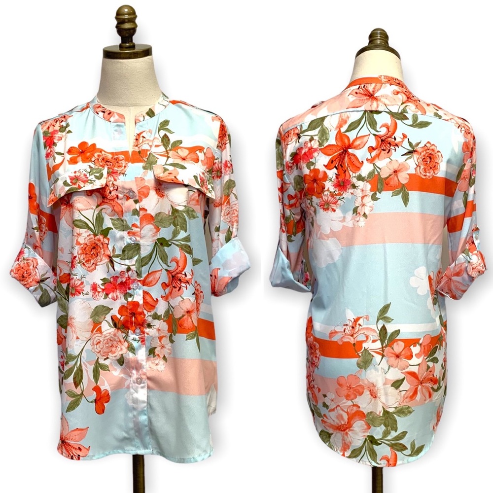 Calvin Klein Floral Flowy RollUp Sleeve Tunic Blouse